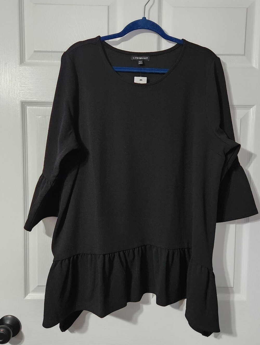 Lane Bryant Black Asymmetrical Ruffle-Hem 3/4 Bell Sleeves Top, Size 18/20, NWT
